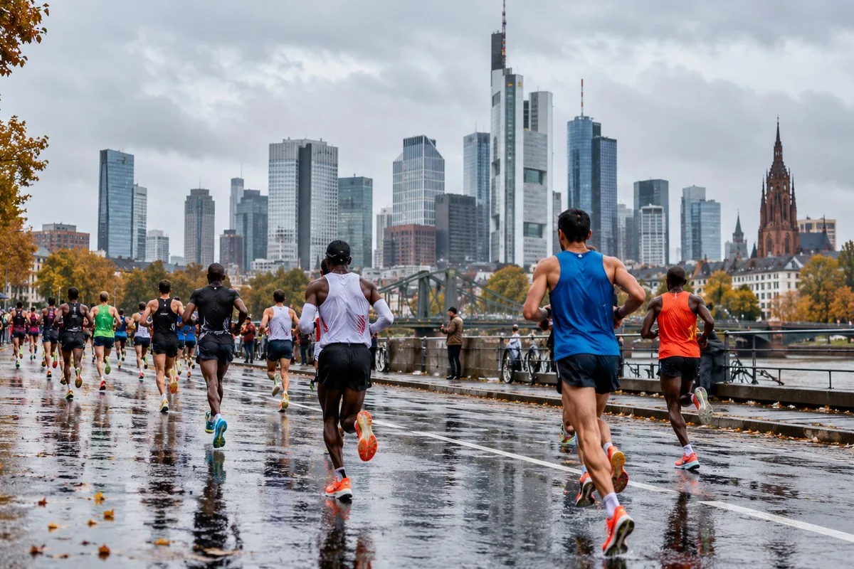 KI-generiertes Symbolbild: Läufer bei Regen vor der Frankfurter Skyline; keine Originalaufnahme von Amanal Petros
