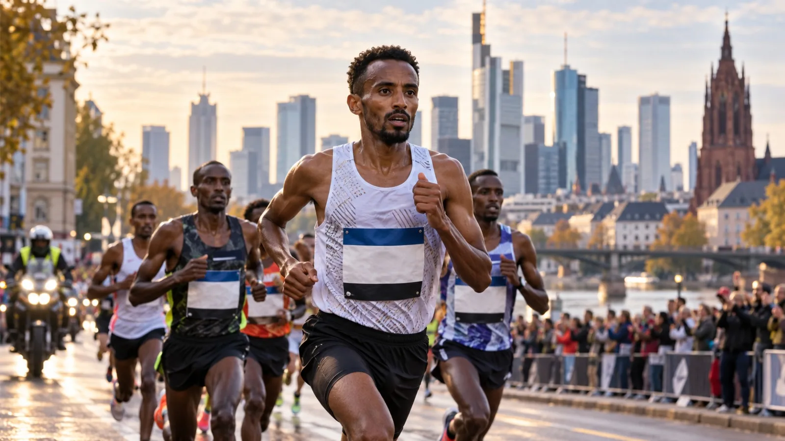 Elite-Marathonläufer vor der Frankfurter Skyline