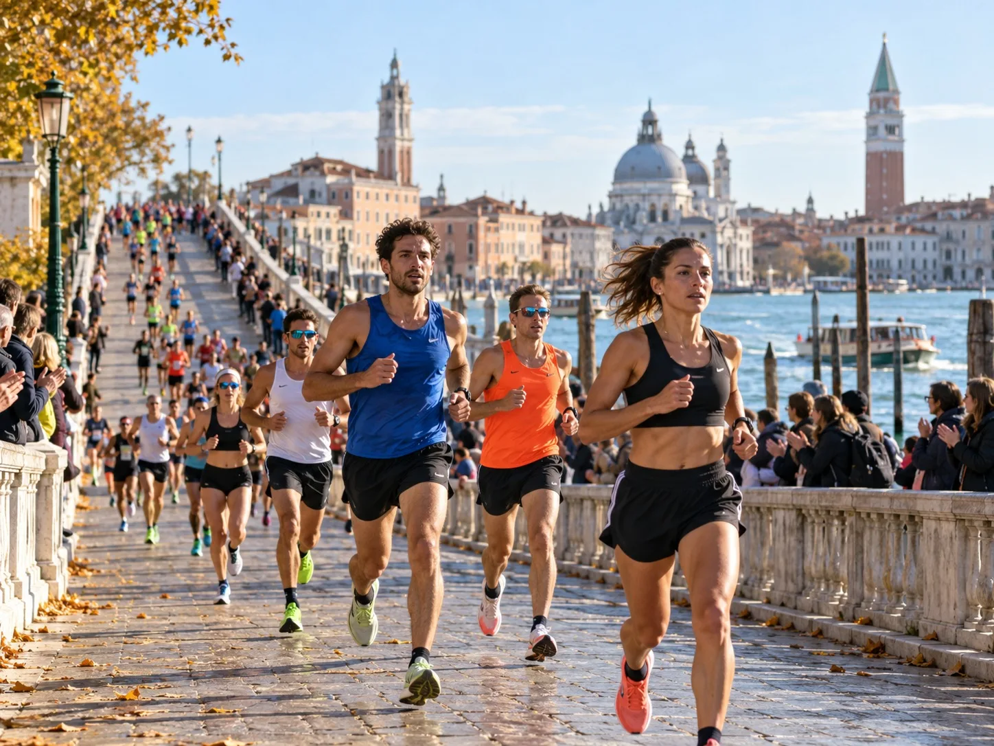 KI-generiertes Symbolbild: Läufer beim 10-km-Rennen in Venedig am Wasser; keine Originalaufnahme von Riccardo Mugnosso oder Diletta Moressa