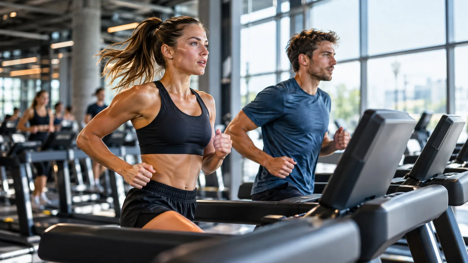 KI-generiertes Symbolbild: Zwei Läufer trainieren auf Laufbändern in einem modernen Fitnessstudio.