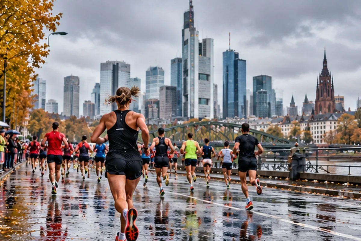 KI-generiertes Symbolbild einer Läuferin vor Frankfurter Skyline; keine Aufnahme von Blanka Dörfel