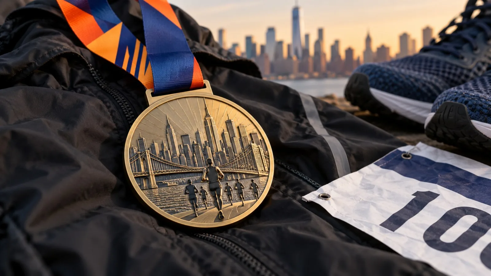 Nahaufnahme einer Marathonmedaille mit Skyline-Motiv neben Startnummer