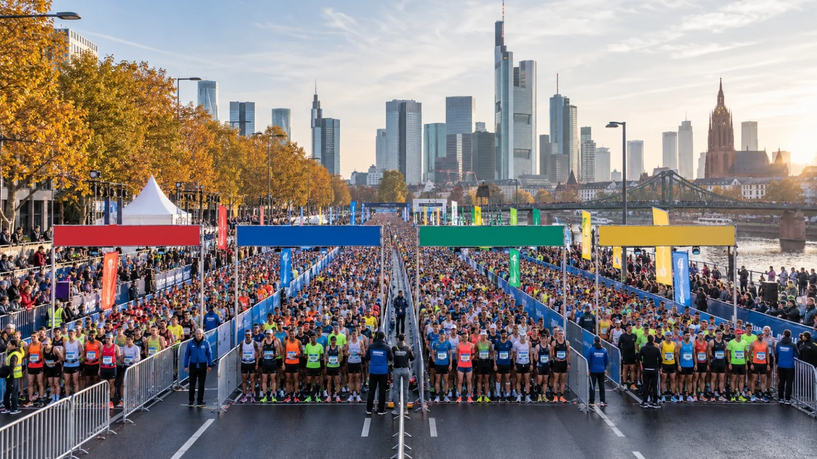 Großes Marathon-Startfeld vor der Frankfurter Skyline