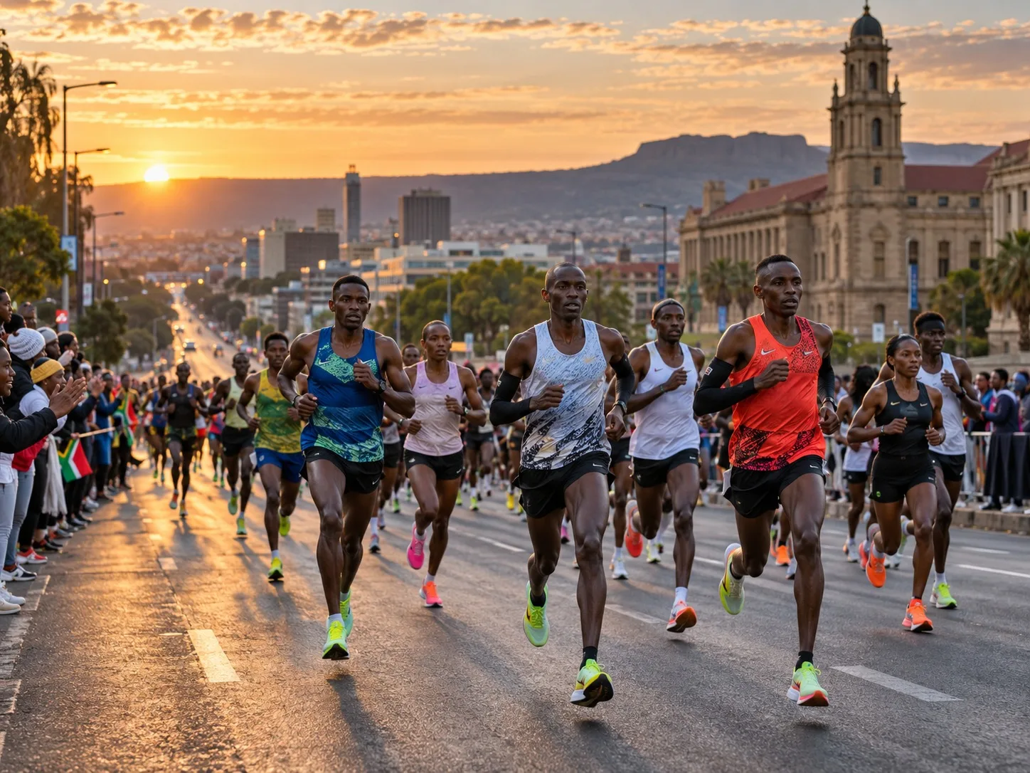 KI-generiertes Symbolbild: Läufer beim 10-km-Straßenlauf in Bloemfontein bei Sonnenaufgang; keine Originalaufnahme