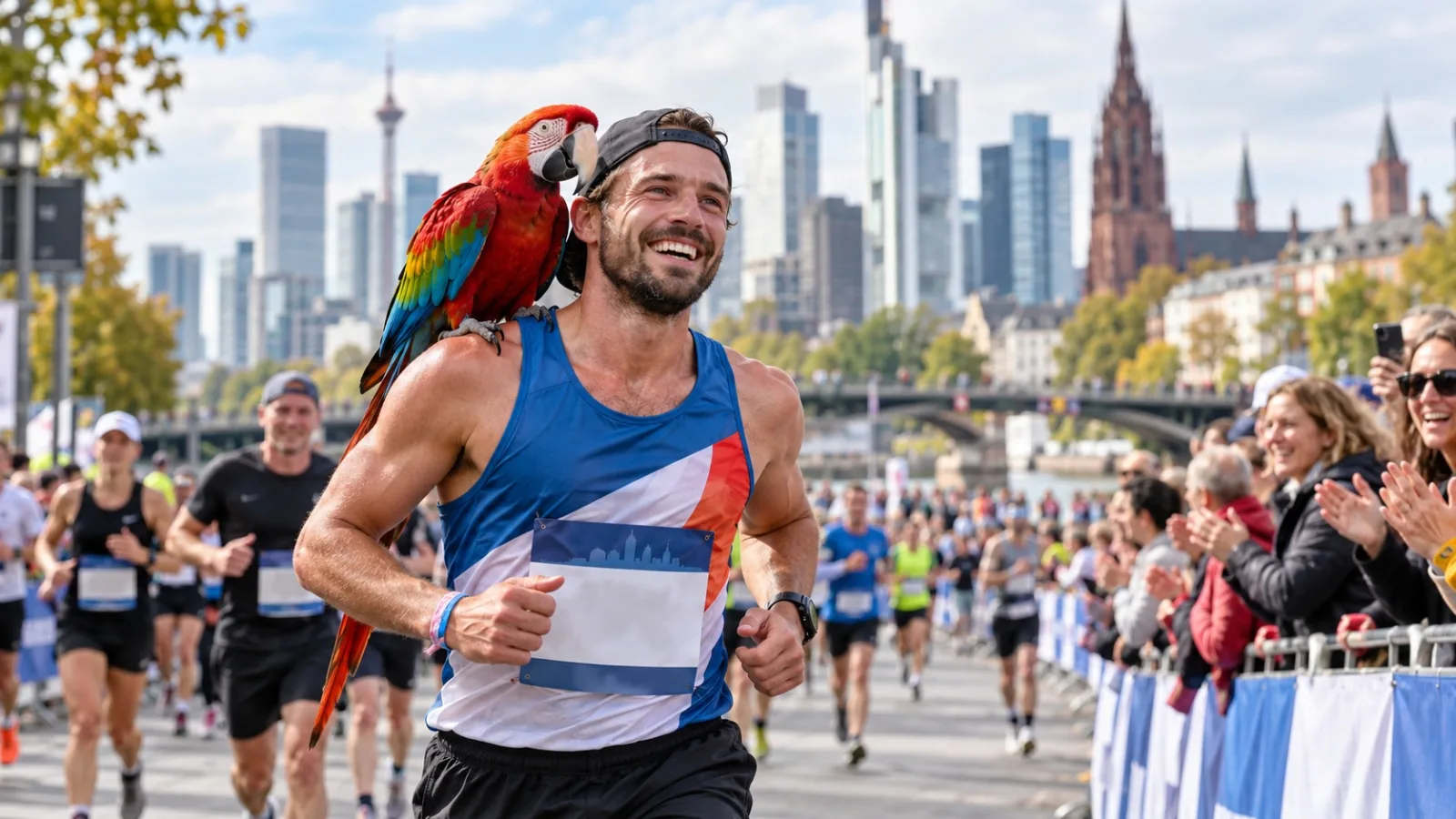 Marathonläufer mit buntem Papagei vor der Frankfurter Skyline