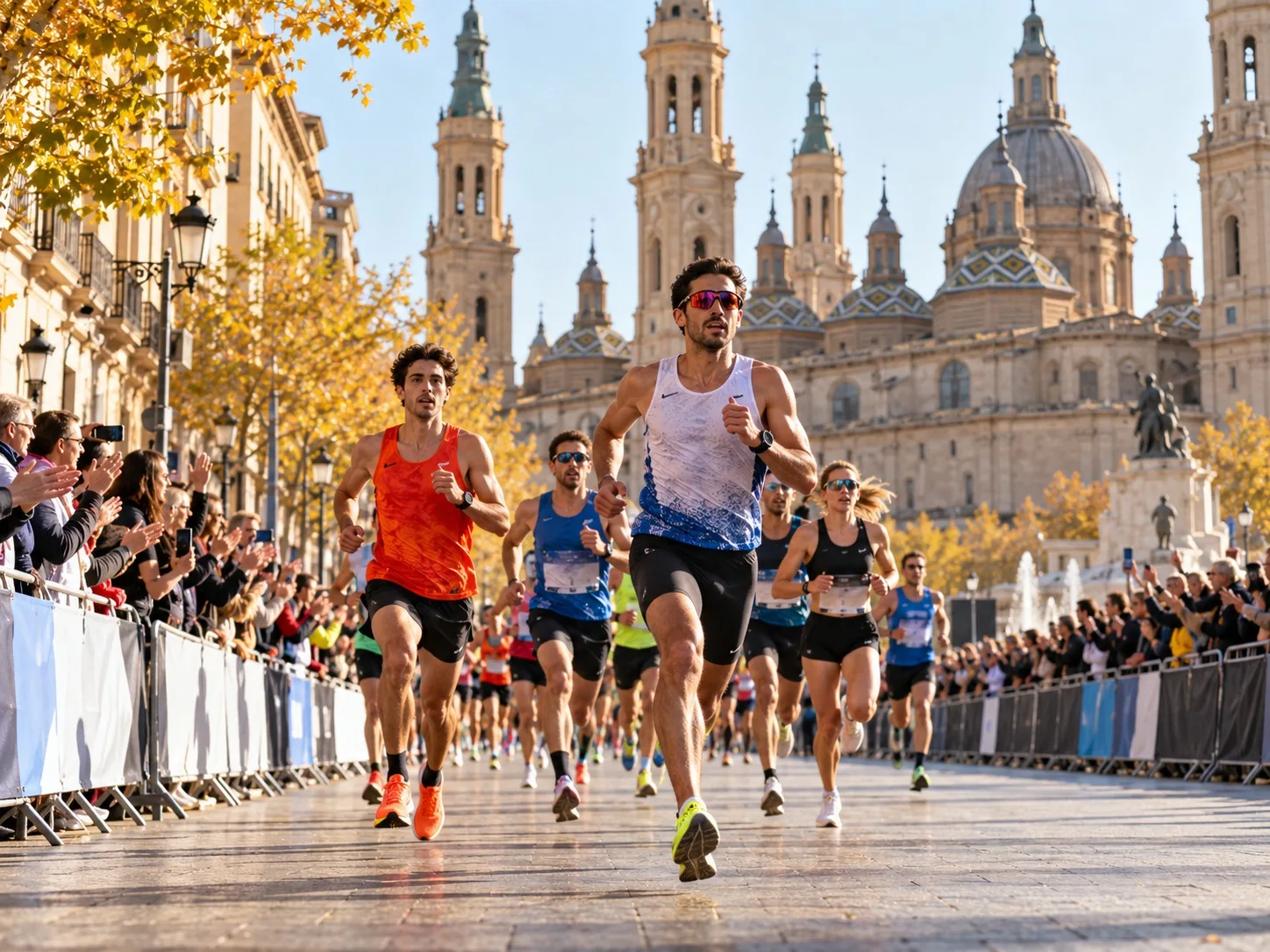 KI-generiertes Symbolbild: Führende Läufer beim 10-km-Straßenlauf in Zaragoza vor historischer Stadtkulisse; keine Originalaufnahme