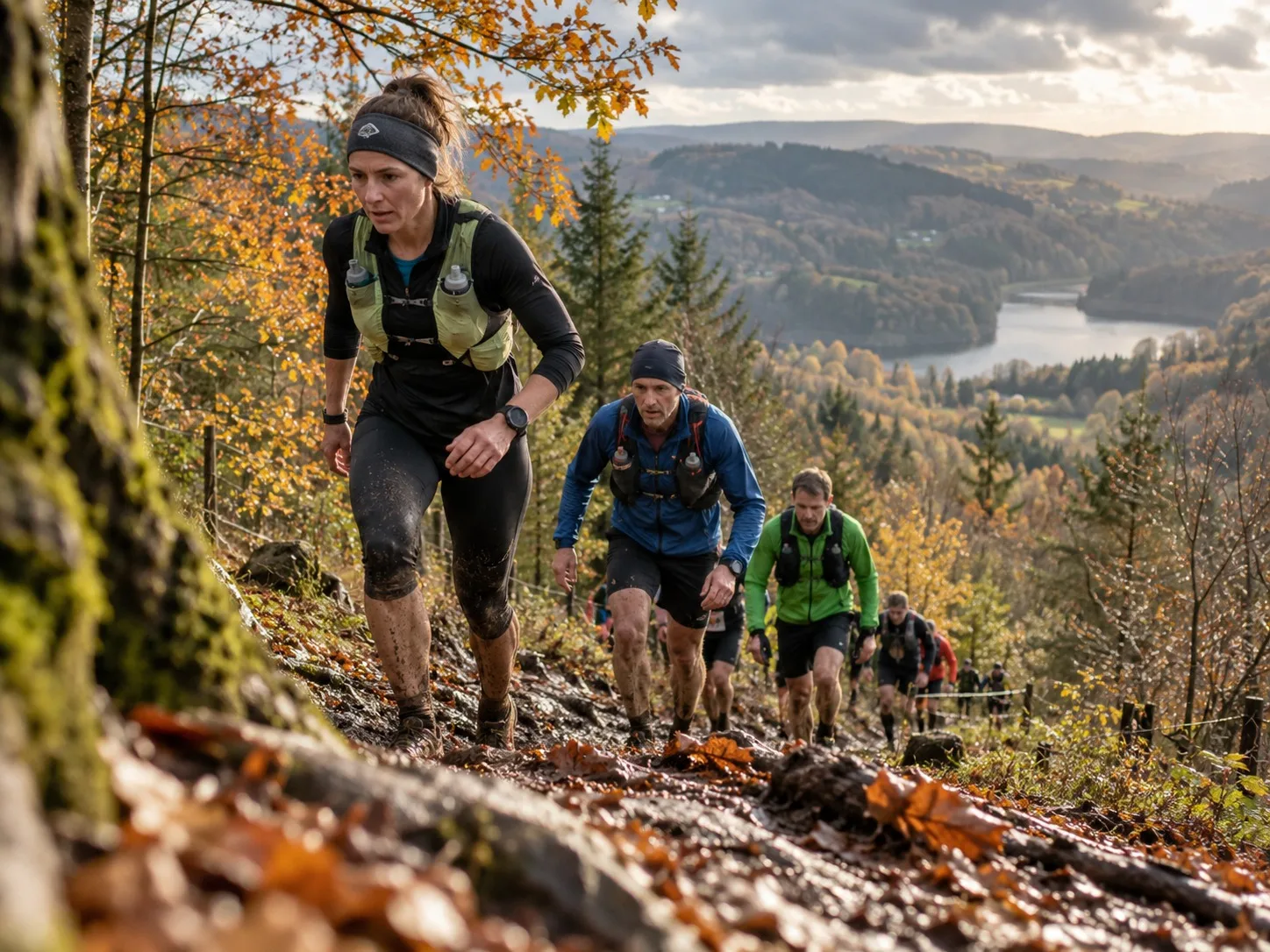 KI-generiertes Symbolbild: Ultratrailläufer auf herbstlichem Waldkurs im Bergischen Land; keine Originalaufnahme vom Röntgenlauf