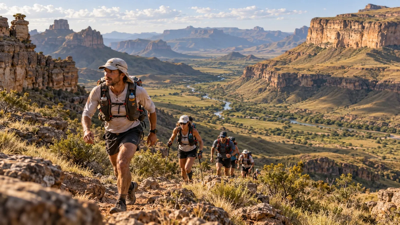 Mehrere Ultraläufer mit Rucksäcken in einer wilden Berglandschaft