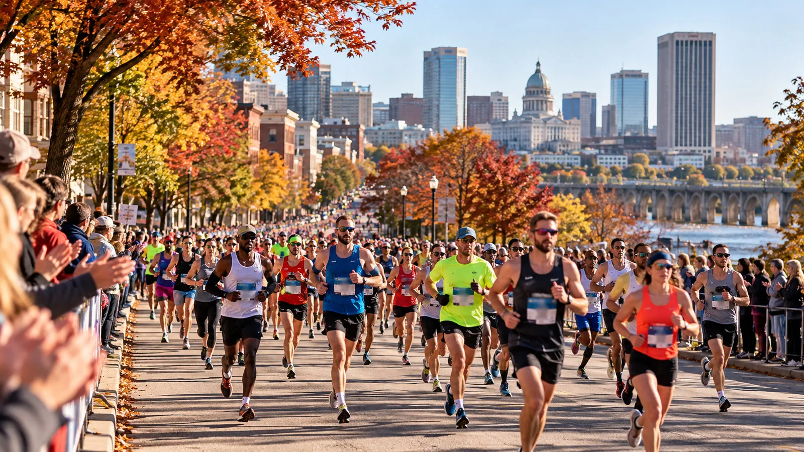 KI-generiertes Symbolbild: Marathonläufer und Zuschauer bei einem herbstlichen Stadtlauf in den USA.