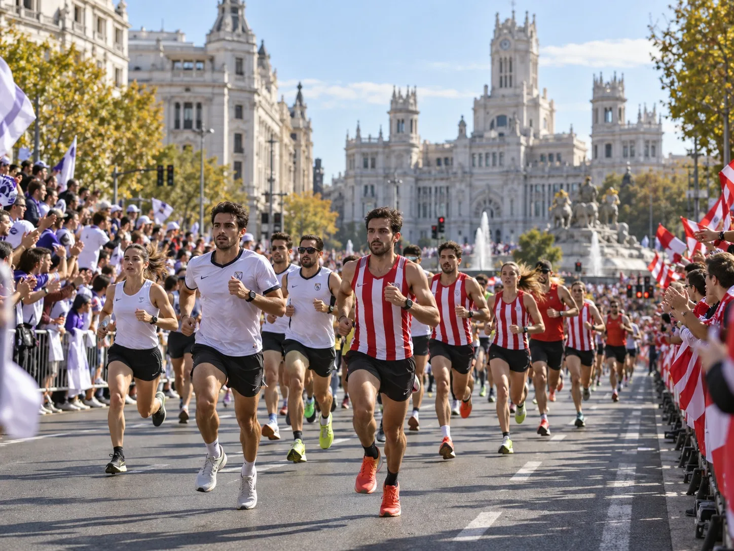 KI-generiertes Symbolbild: Läufer beim Derbi de las Aficiones in Madrid mit Zuschauern und Stadtkulisse; keine Originalaufnahme