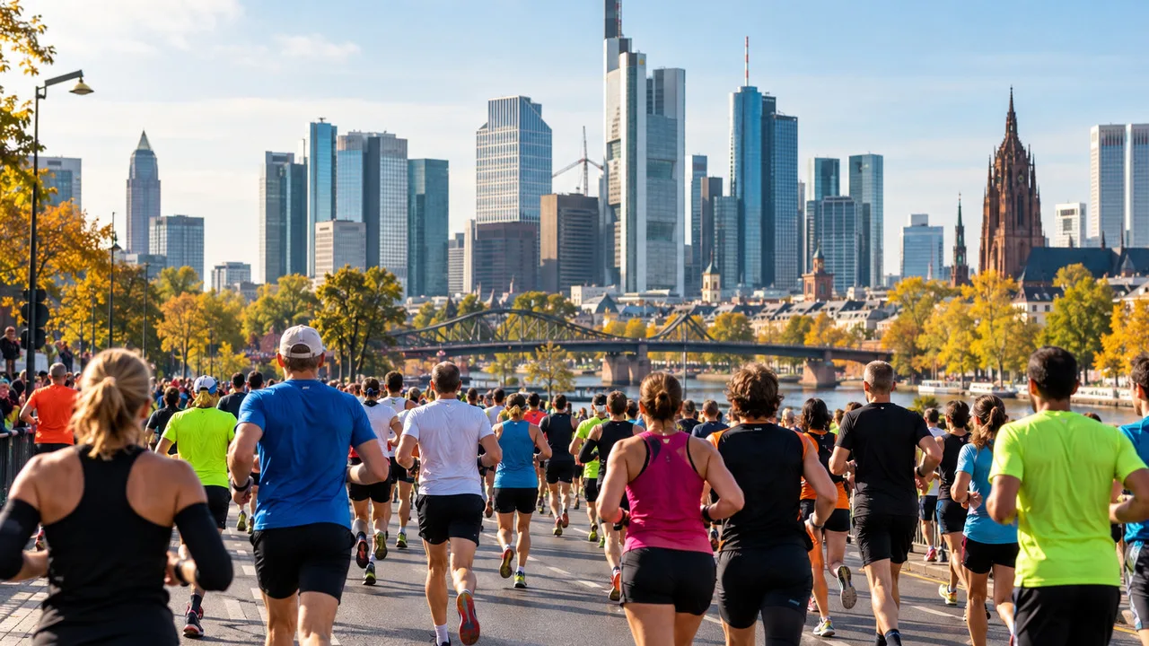 KI-generiertes Symbolbild: Marathonläufer auf einer Straße mit der Frankfurter Skyline im Hintergrund.
