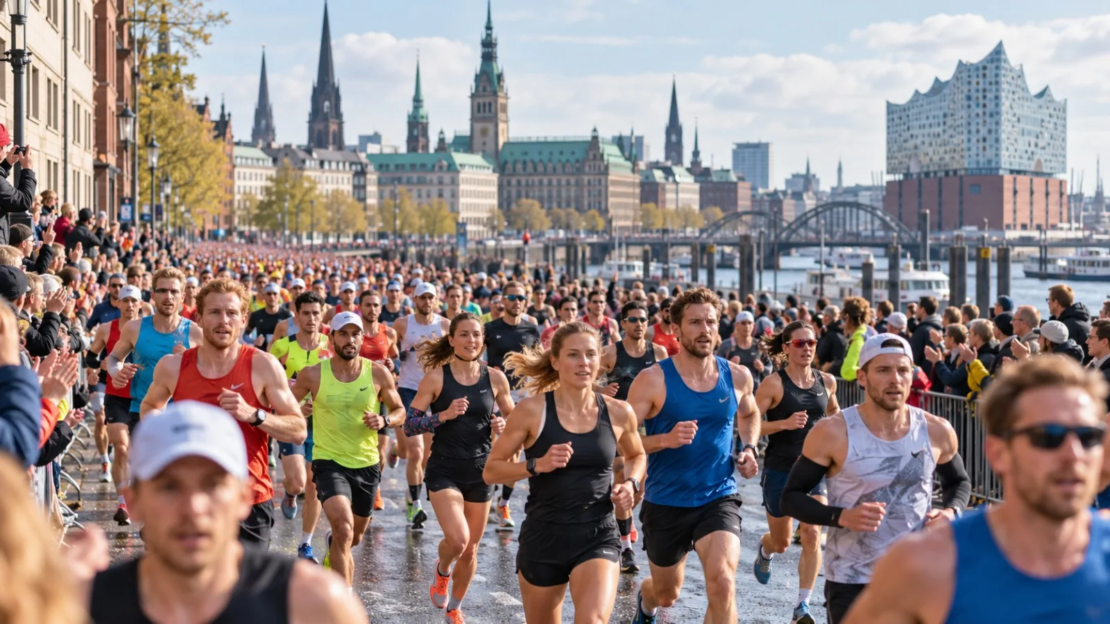Großes Marathonfeld vor Hamburger Stadtkulisse am Wasser