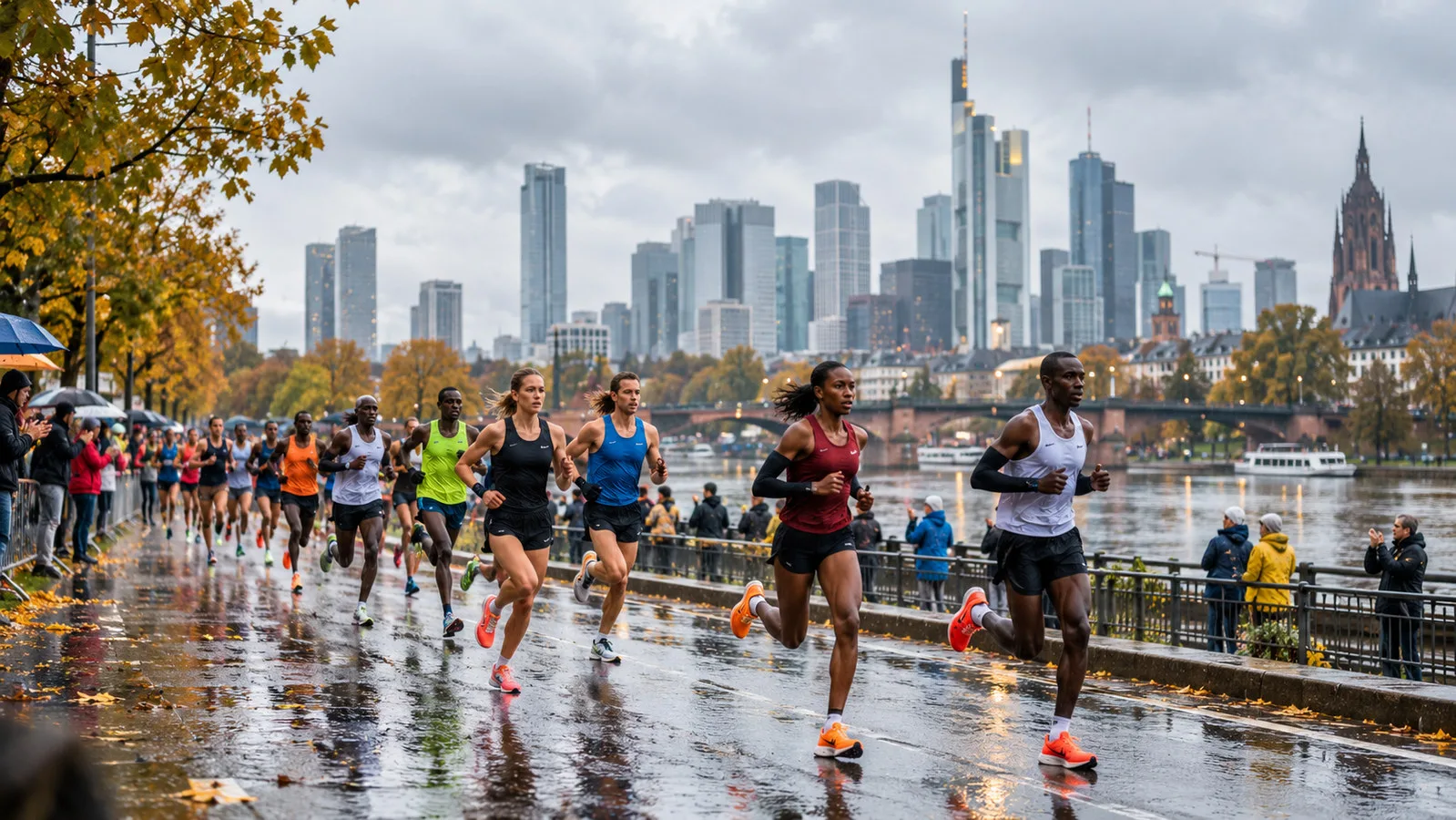 KI-generiertes Symbolbild: Marathonläufer auf regennasser Strecke vor der Frankfurter Skyline; keine Originalaufnahme des Frankfurt-Marathons 2026.