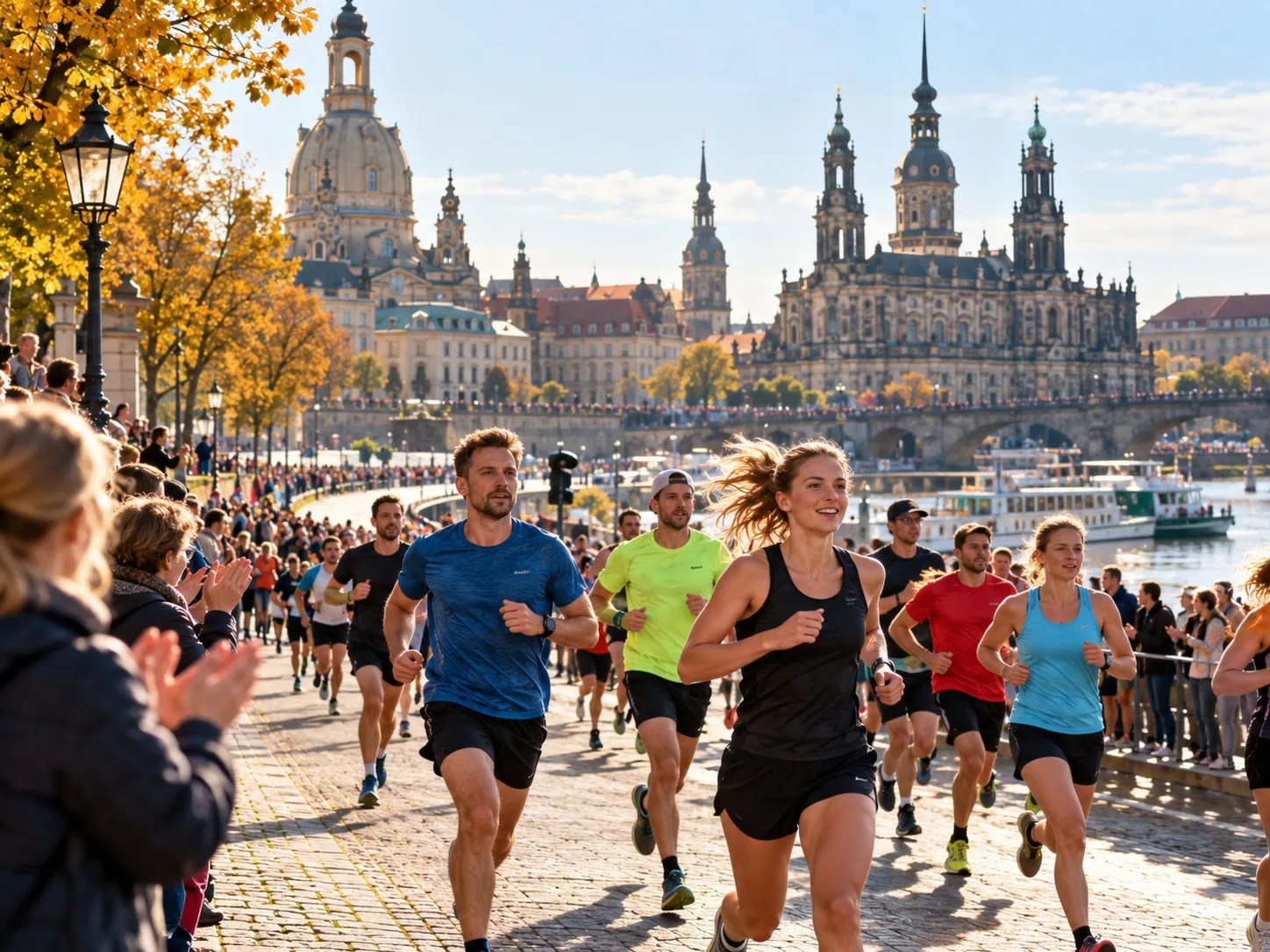 KI-generiertes Symbolbild: Läufer beim 10-km-Rennen in Dresden mit Elbkulisse und historischen Gebäuden; keine Originalaufnahme