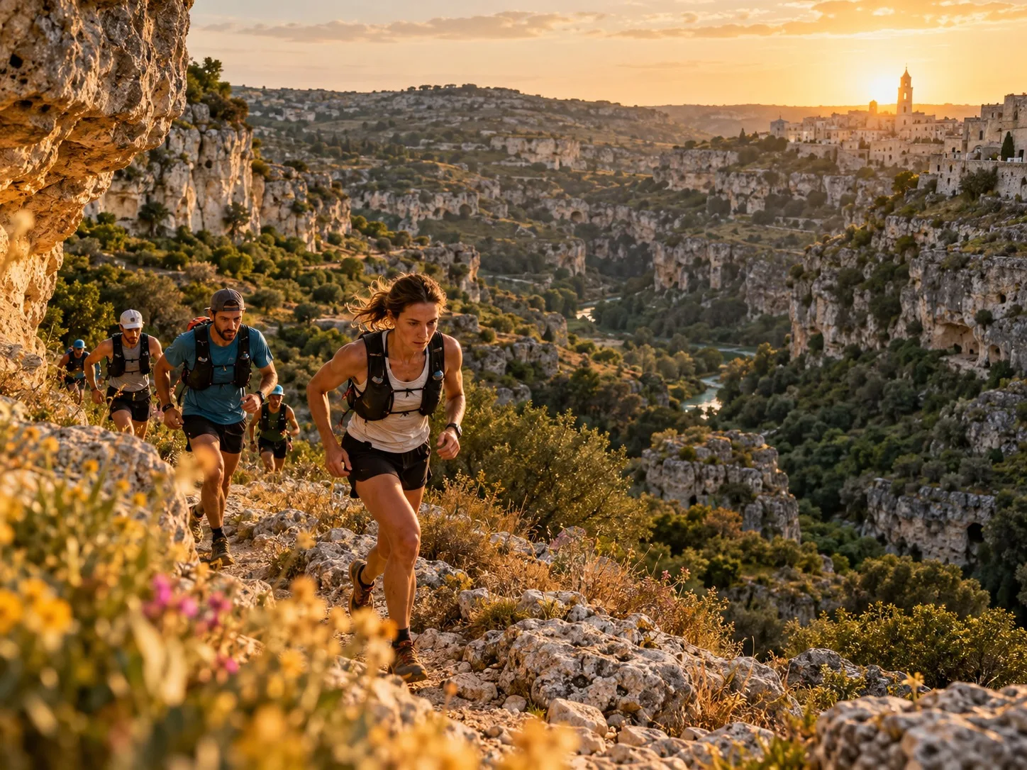 KI-generiertes Symbolbild: Trailrunner in canyonartiger Landschaft in Süditalien; keine Originalaufnahme von Nicolas Thomas oder Enrica Dematteis
