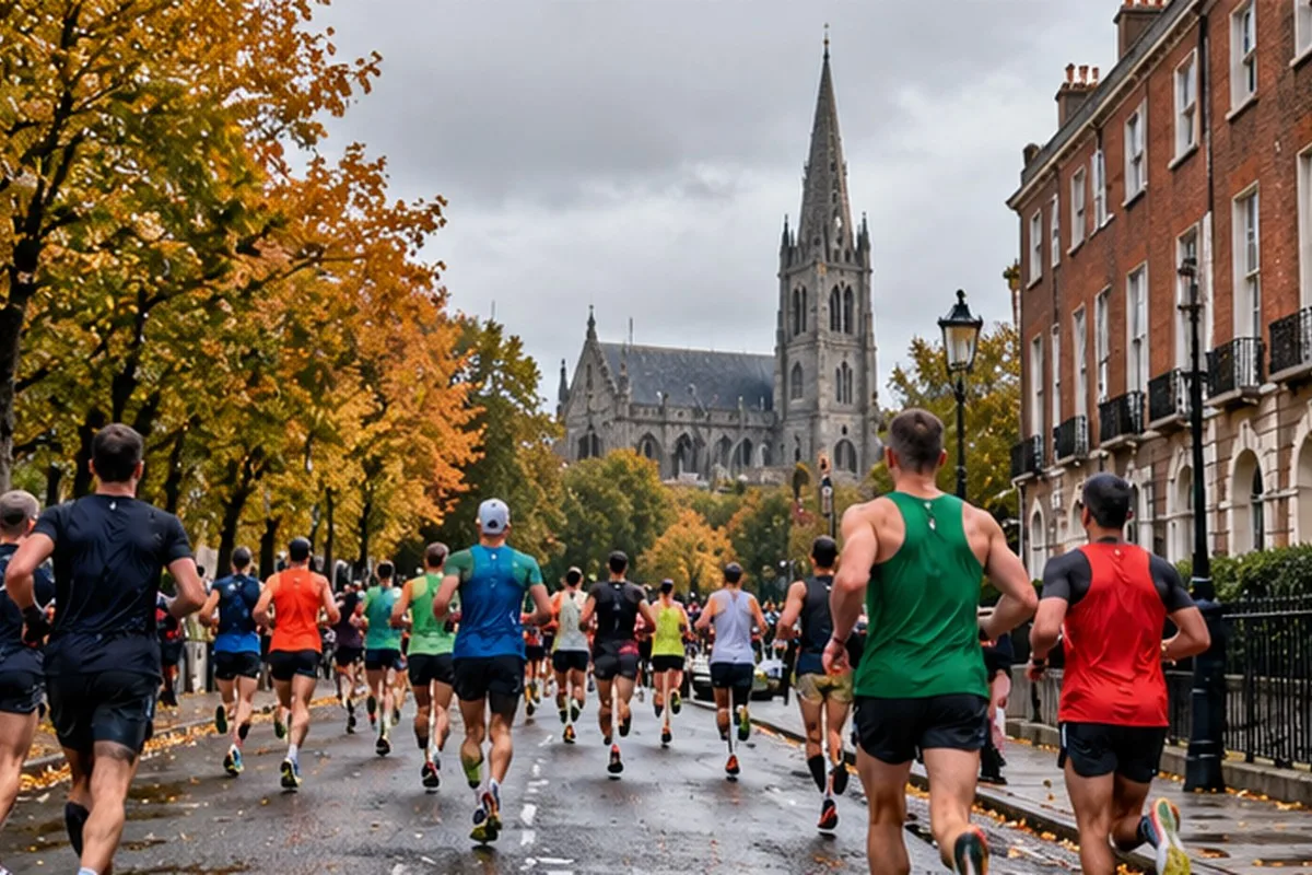 KI-generiertes Symbolbild mit Laufgruppe in Dublin; kein Originalfoto des Dublin-Marathons 2026
