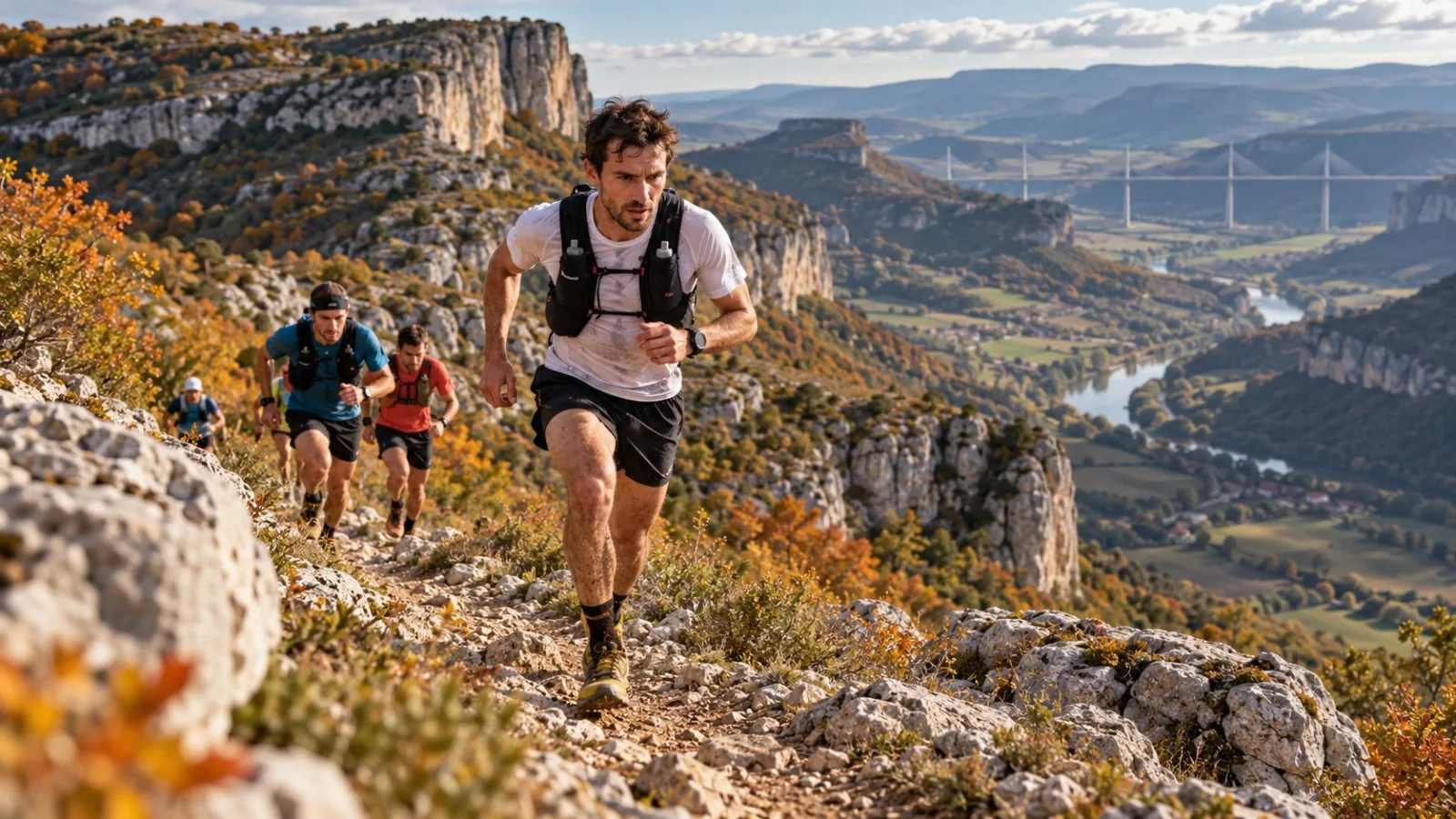 Trailrunner auf einem felsigen Grat mit weitem Tal im Hintergrund