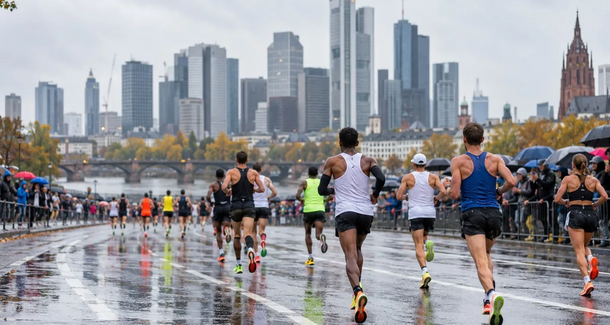 KI-generiertes Symbolbild: Marathonläufer bei regnerischem Stadtlauf in Frankfurt